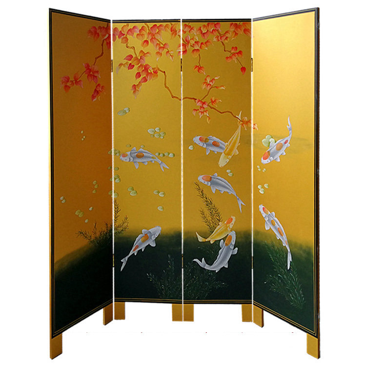 Yangzhou Lacquer Color Painted Four Fold Screen Solid Wood Genguan Partition Custom Lacquer Art New Chinese Vintage Residence Decoration