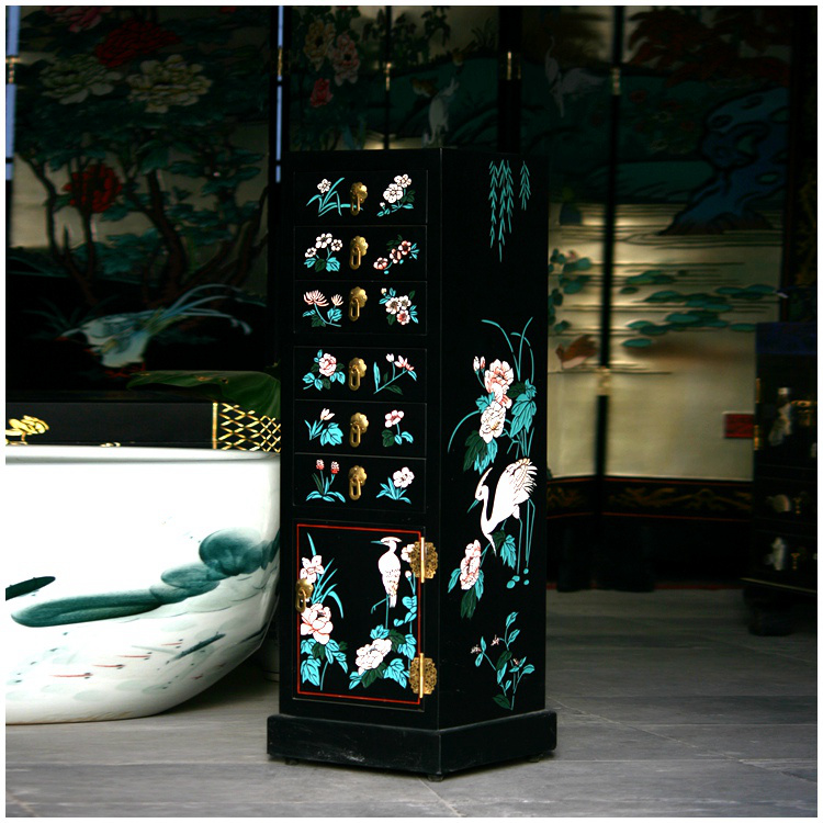 Yangzhou lacquerware pure handmade solid wood neoclassical furniture carving lacquer flowers and birds six draw a cubic flower a few corner cabinet customization