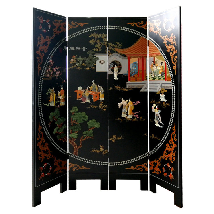 Yangzhou Lacquer Bone Stone Inlay Figure Flowers Birds Four Fold Xuanguan Screen Partition New Vintage Lacquer Art Family Residence Decoration