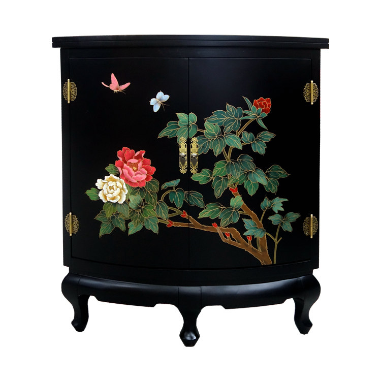 Lacquer Art Color Painted Flowers Birds Double Door Mid Corner Trim Cabinet Custom Yangzhou Lacquer Ware New Chinese Classical Home Solid Wood Furniture