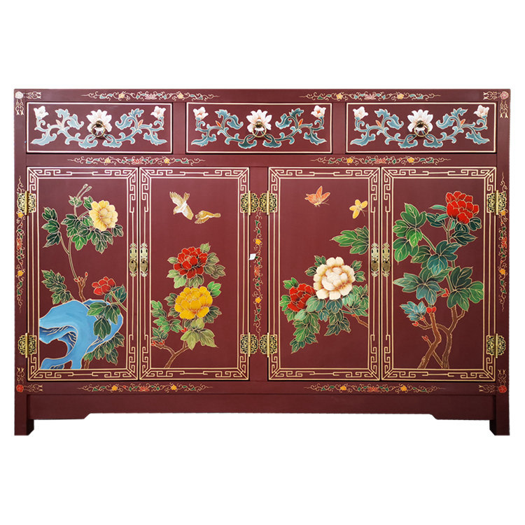 Lacquer Art Home Painted Four Doors Three Drawn Entrance Cabinet Multicolor Custom Yangzhou Lacquerware New Chinese Classical Solid Wood Furniture