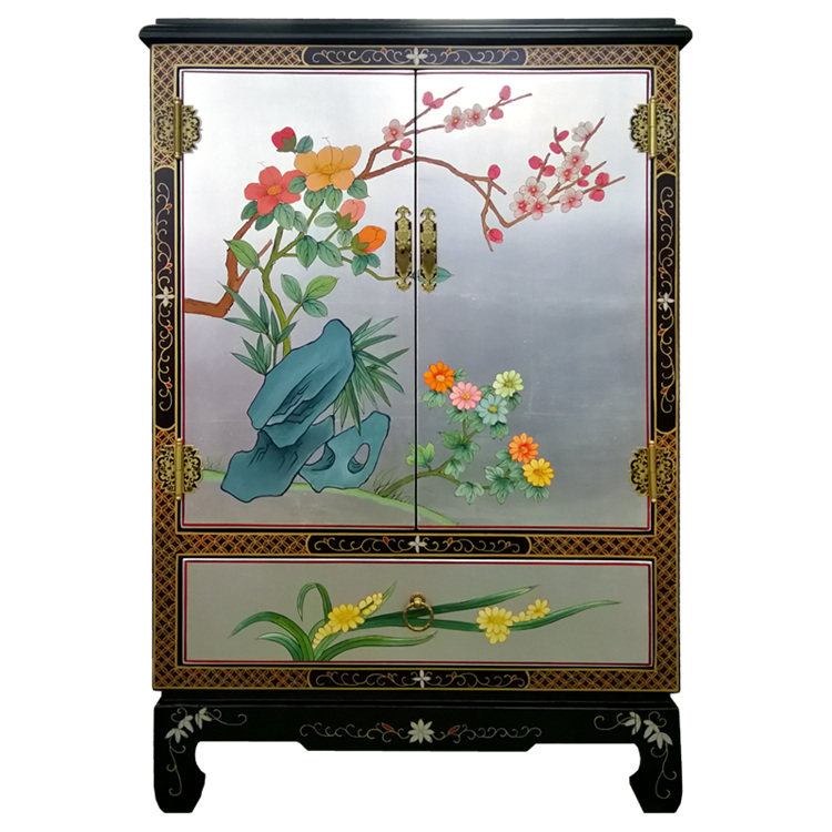 Lacquer art color painted silver land flowers and birds Double door One draw shoe cabinet Xuanguan to decorate Yangzhou lacquerware New classical furniture