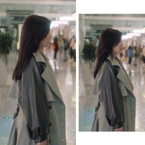 A lifetime of white deer should be the same clothes military green color matching splicing trench coat long coat female autumn