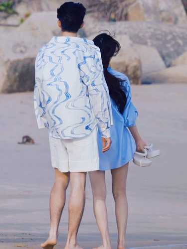 Синяя рубашка, шорты, комплект, оверсайз, высокая талия