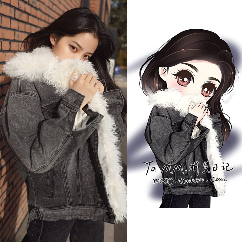 Ouyang Nana with lamb wool denim coat Korean version of loose real hair collar women to overcome short cotton clothes autumn and winter