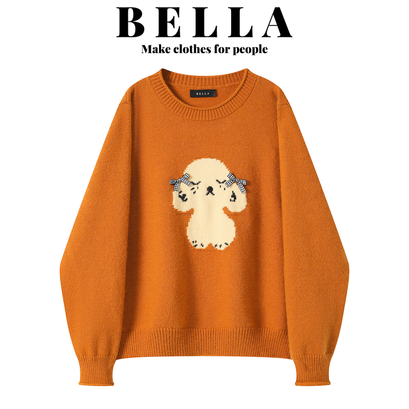 Bella Pumpkin-Colored Cartoon Puppy Bow Sweater for Women, Autumn and Winter Thickened Loose Lazy Style Knit Top