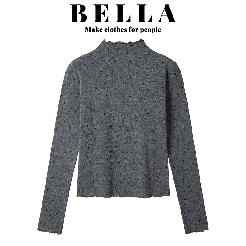 Bella Gray Polka Dot Ruffled Half-High Collar Long-Sleeve T-Shirt for Women, Spring and Autumn, Fleece-Lined Stand Collar Base Layer Top Bella Gray Polka Dot Ruffled Half-High Collar Long-Sleeve T-Shirt for Women, Spring and Autumn, Fleece-Lined Stand Collar Base Layer Top