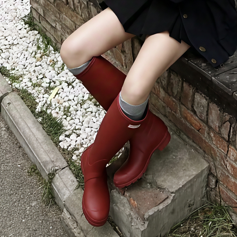 Yi Mengling Style Long Rain Boots Wellington Mesh Army Red Rain Shoes Women's High-Top British Riding Boots Fashionable Rubber for Outdoor Wear