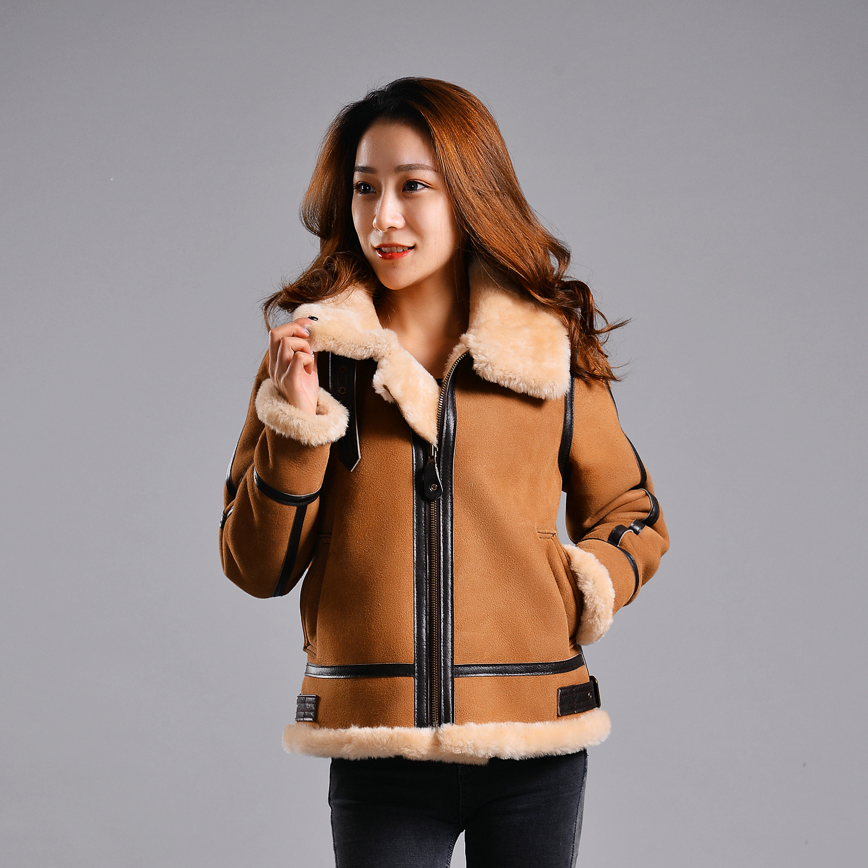 Imported COCKPIT flight suit B3 ladies matte high-end fur integrated flight leather jacket cold-proof outerwear fur