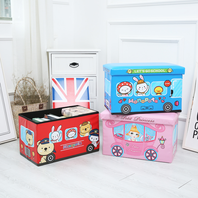 Cartoon children's storage stool storage stool can sit on adult folding leather multi-functional shoe stool with toy storage box