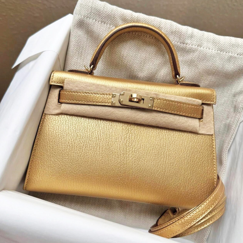 Gold Second-Generation Kelly Bag Mini 2026 New Model Imported Goat Leather Silver Handmade Women's Bag Versatile and Fashionable