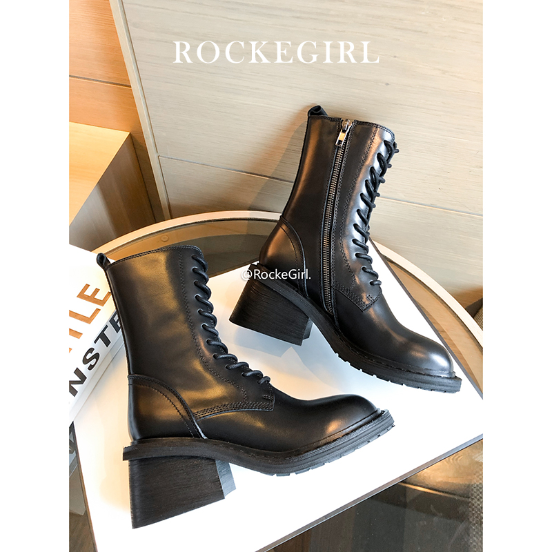 (Rock girl) ann Martin boots women's trendy ins high-heeled British style leather thick-heeled thick-bottomed short boots