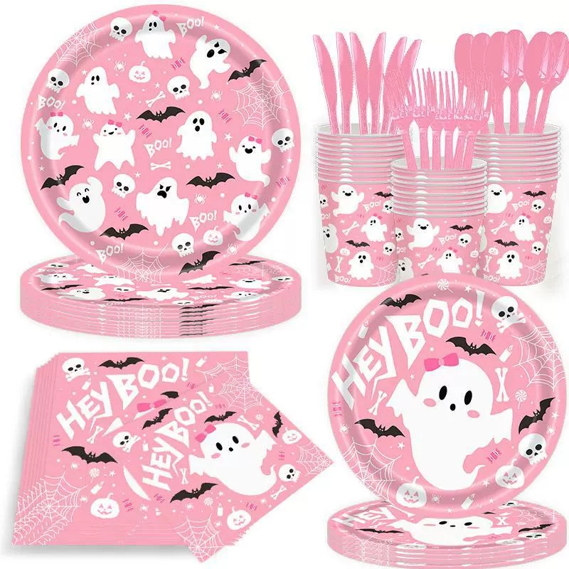 Pink Ghost Halloween Tableware Holiday Party Decoration Paper Plates Paper Cups Napkins Tablecloth Banner Arrangement Set