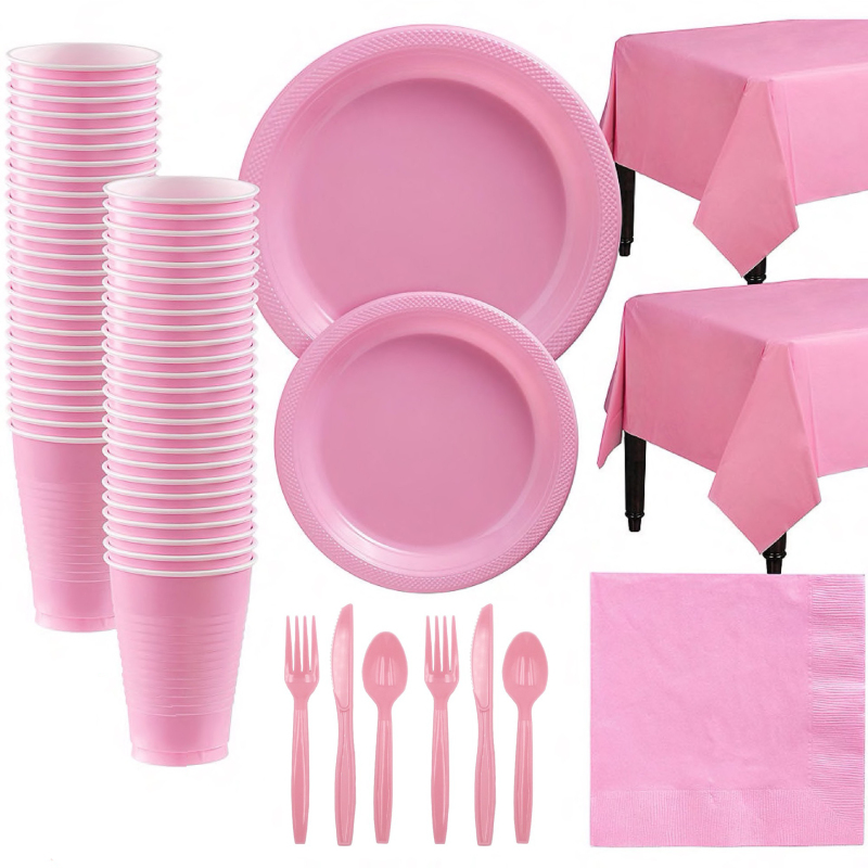 Pink Tableware Set Disposable Plastic Plates Cups Knife Fork Spoon Birthday Party Decoration 20-Person Serving Plates