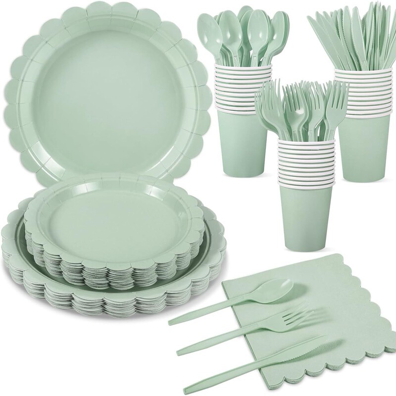 Lace Solid Color Sage Green Themed Tableware Birthday Party Decoration Disposable Paper Plates Paper Cups Napkins Knife Fork Spoon