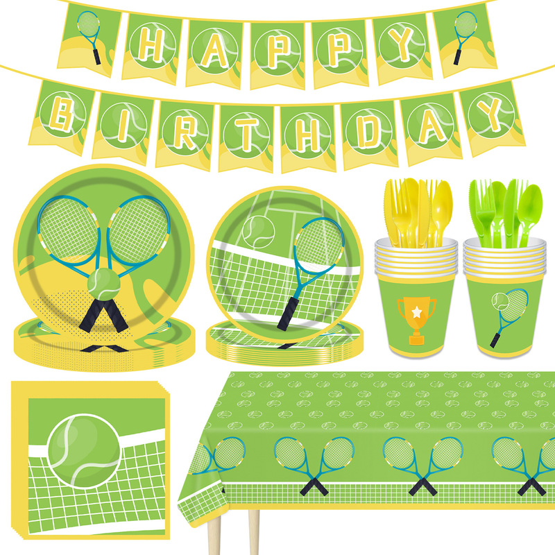 Tennis-Themed Tableware Birthday Party Decorations Disposable Paper Plates Paper Cups Napkins Tablecloth Banner Decorations