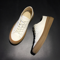 White shoes mens leather 2021 spring breathable mens casual shoes Korean version of the trend all-match board shoes raw rubber sole single shoes