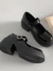 Black Versatile French-Style Thick-Soled High-Heeled Mary Jane Leather Shoes for Women, 2025 New Summer Style, Suitable for Pairing with Skirts, Shallow Single Shoes