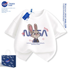 NASA Co branded Children's Short sleeved T-shirt Summer Thin 2024 New Fashionable Girl Pure Cotton Half sleeved Boys and Girls Summer Dress