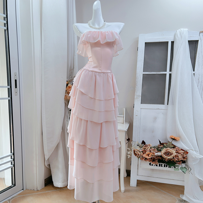 Jingxin French Romantic Style Pink Strapless Cake Dress Women's Lace-Up Waist Ruffle Long Dress Fairy Dress