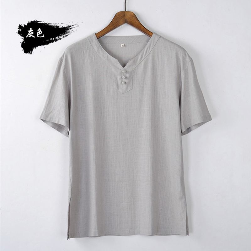 Chinese wind summer disc buckle short sleeve T-shirt for men Down with loose casual retro cotton linen half sleeve damp vest Chinese