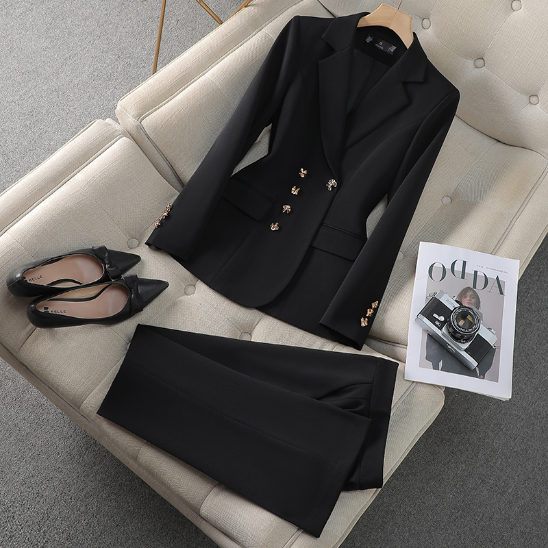 Black Suit Set for Women, High-End, Elegant, Slim-Fitting, Waist-Cinching, Professional Formal Work Suit Jacket