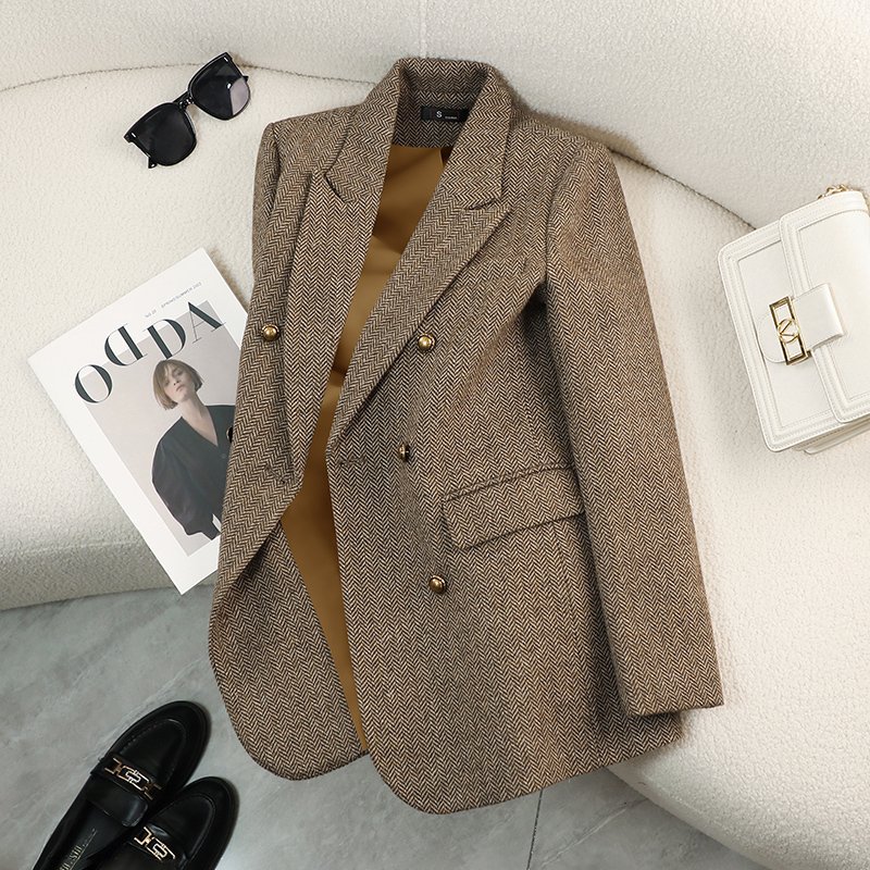 Woolen Blazer for Women, Autumn and Winter, High-End Feel, 2026 New Style, Petite Casual Coffee-Colored Wool Suit, Thickened for Winter