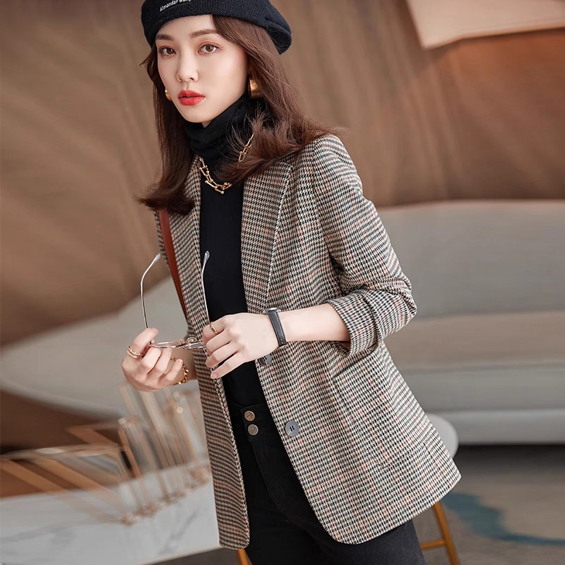 Plaid Blazer for Women, Spring and Autumn 2026, New Autumn and Winter Style, Plus Size Women's Casual Houndstooth Woolen Suit Plaid Blazer for Women, Spring and Autumn 2026, New Autumn and Winter Style, Plus Size Women's Casual Houndstooth Woolen Suit