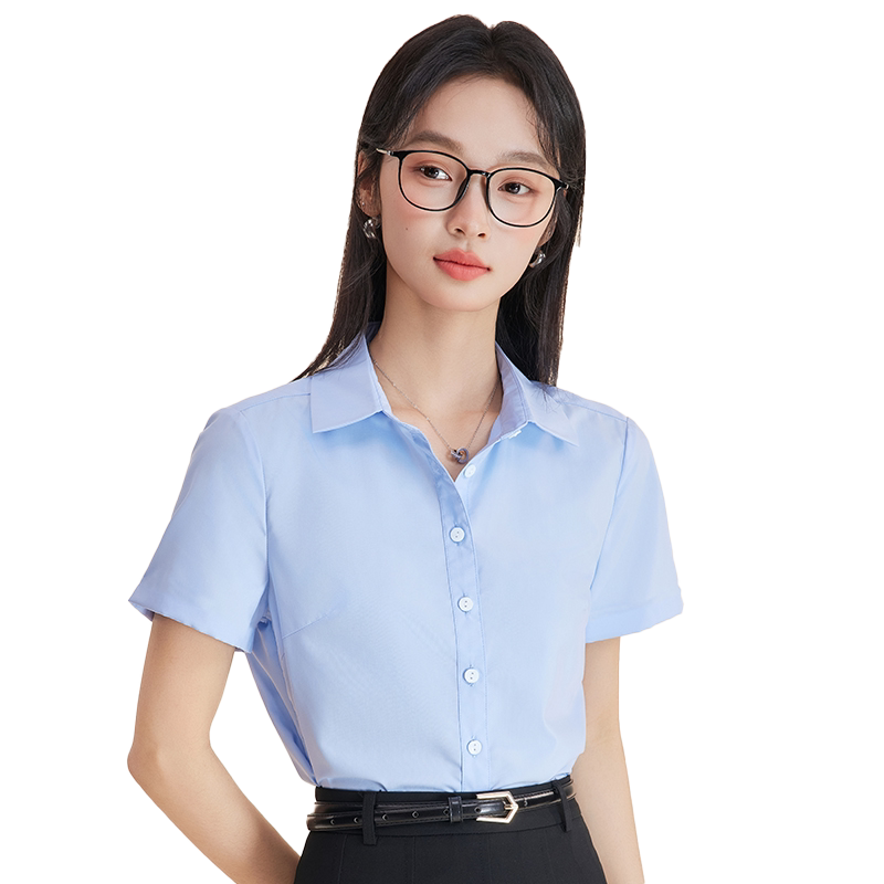 蓝色短袖衬衫女2025新款夏季时尚气质女士面试衬衣上衣职业套装裙