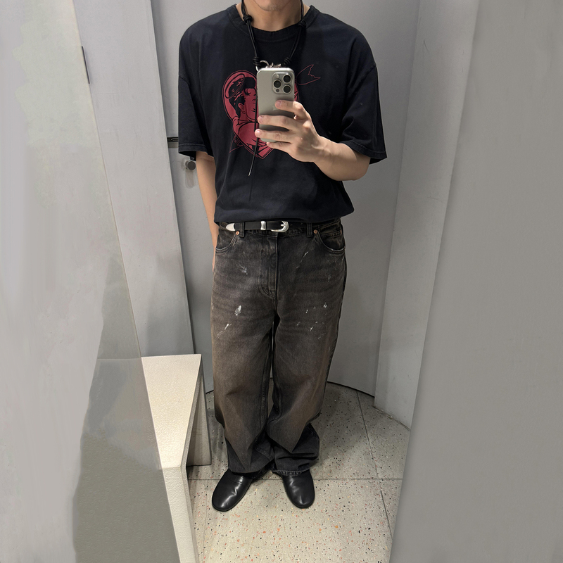 Our Legac Style 26Ss Splash-Ink Mud-Dyed Jeans, Washed and Distressed, Mid-Waist, Straight-Leg, Loose Casual Trousers