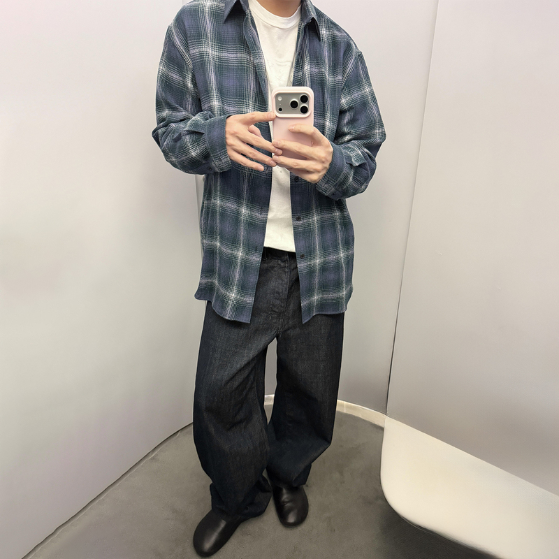 Aurale Style Nissan Forest Plaid Wool Shirt Casual Loose Long-Sleeved Button-Down Lapel Unisex Shirt