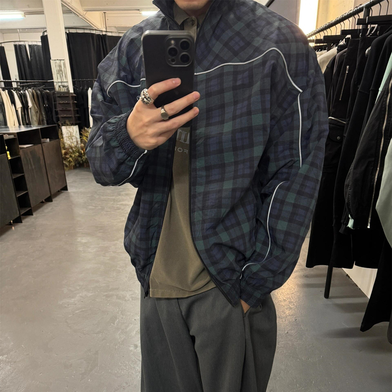 Martine Rose 25Fw Dark Green Checkerboard Coach Jacket with Striped Logo Embroidery Long-Sleeve Trench Coat Martine Rose 25Fw Dark Green Checkerboard Coach Jacket with Striped Logo Embroidery Long-Sleeve Trench Coat