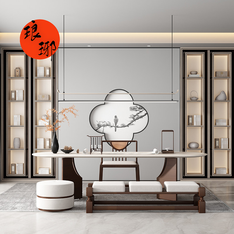 New Chinese solid wood tea table tea table and chairs light and luxurious tea room office lobby drinking tea table boiling kettle integrated fully automatic