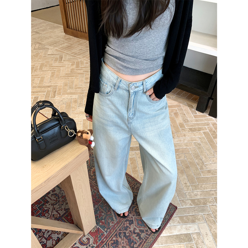 Nuomici Summer Special American Retro Crystal Blue Jeans for Women Distressed Loose Straight Casual Pants Nuomici Summer Special American Retro Crystal Blue Jeans for Women Distressed Loose Straight Casual Pants