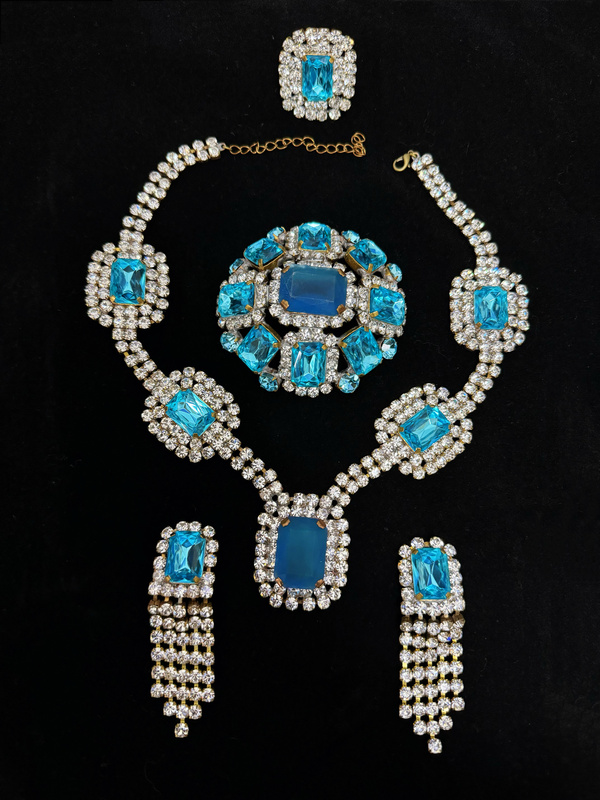 Vintage Second-Hand Baby Blue Old Czech Large Rhinestone Necklace, Brooch, Ear Clip, and Ring Set