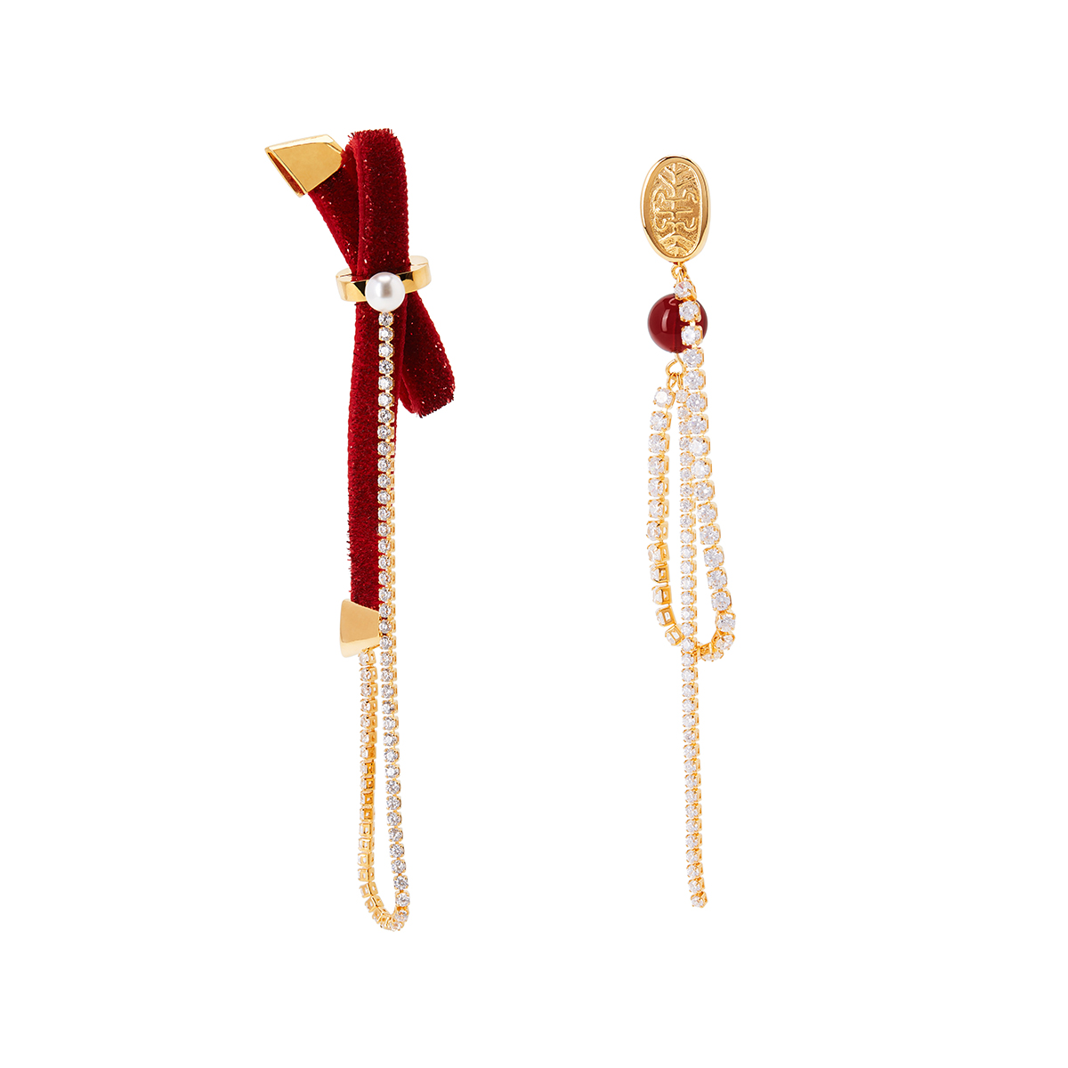 HeyJewel Na Jasmine Red Velvet Series Spring Festival New Year Gift Velvet Drilling Chain Asymmetrical Long Version Earrings
