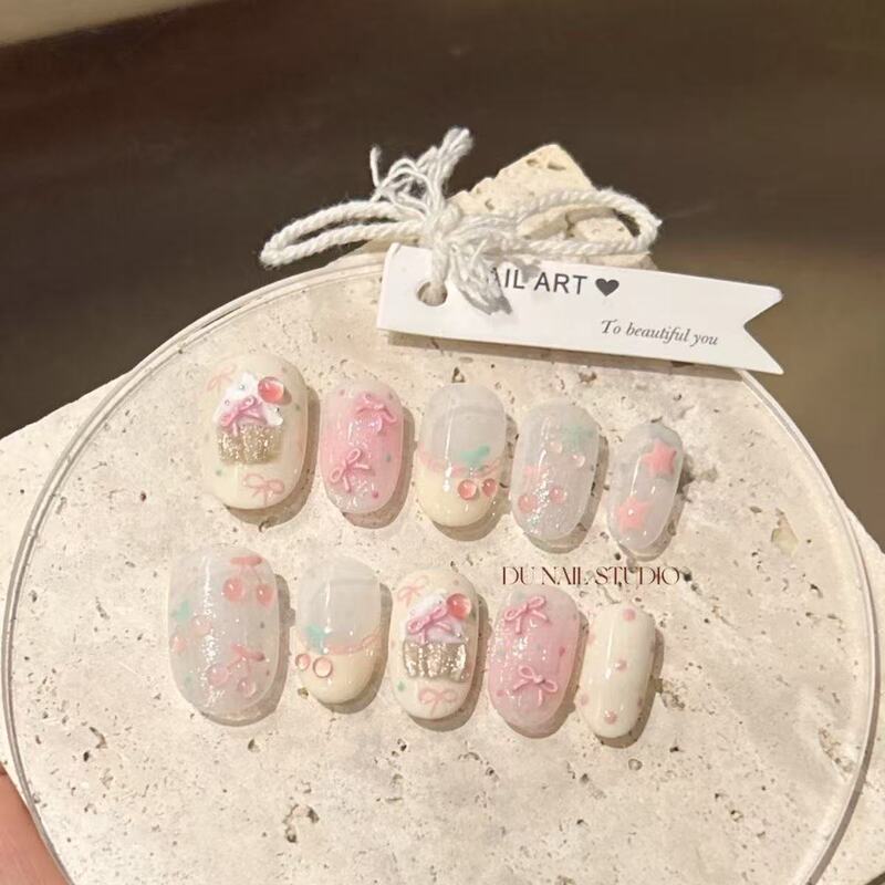 New Semi-Handmade Cute Cherry ins Nail Art with Bow, Baby-Like Temperament, Nail Whitening Patch, Short Style