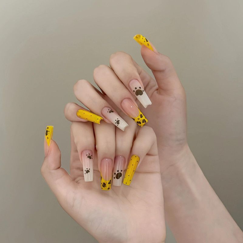 Milky Yellow Leopard Print French Cat Paw Cute Press-On Nails, Stylish and Sweet Cool Girl Look, Brightening for Summer