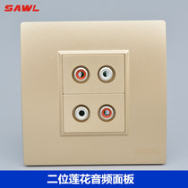 Champagne red and white dual audio panel 86 type gold double hole lotus head 2 solder-free wire AV wall sockets