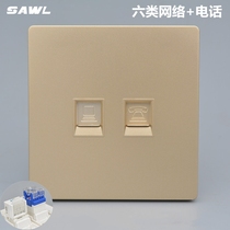 Champagne gold dual-port Internet phone panel two-digit Gigabit Category 6 computer network cable port voice socket 1 network 1 power