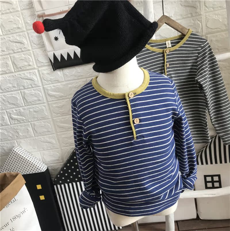 Áo thun cotton bé trai mùa thu 2018 kẻ sọc mềm mại cổ tròn hai nút áo trẻ em dài tay áo phông sexy cho bé 