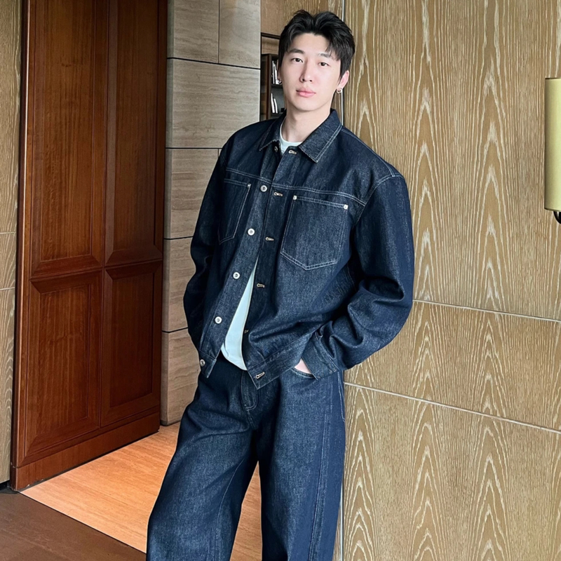 Autumn Denim Suit for Men, American-Style Simple Long-Sleeve Jacket, Fashionable Casual Trendy Men's Pants Two-Piece Set, Niche Versatile