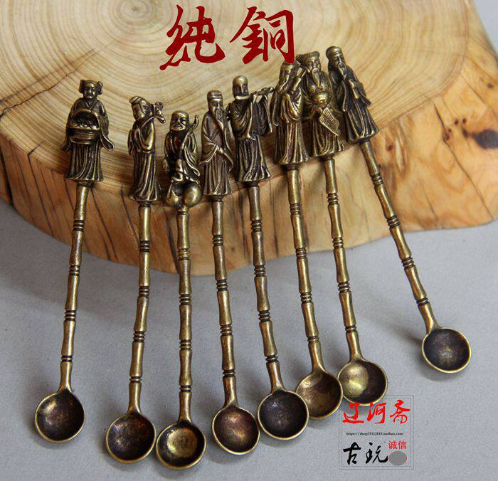 Antique Eight Immortals Spoon Herbal Bronze Spoon Suit set of old bronze ware old objects Ancient playing miscellaneous collection of pure copper pieces