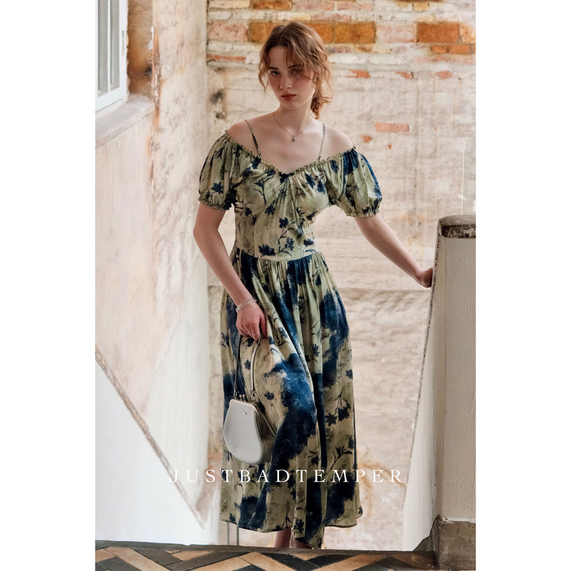 [in Stock] J-Bt French Oil Painting Style Natural Plant Dyeing Oriental Charm Ink Splashing Print Dress 2-Way Collar