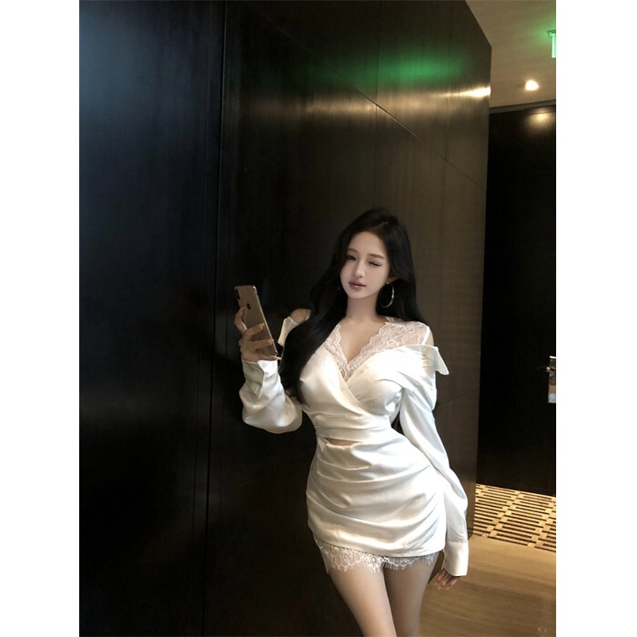 Real Photos, Real Price. Long-Sleeved Shirt Dress, New Lace Splicing Satin Bodycon Skirt