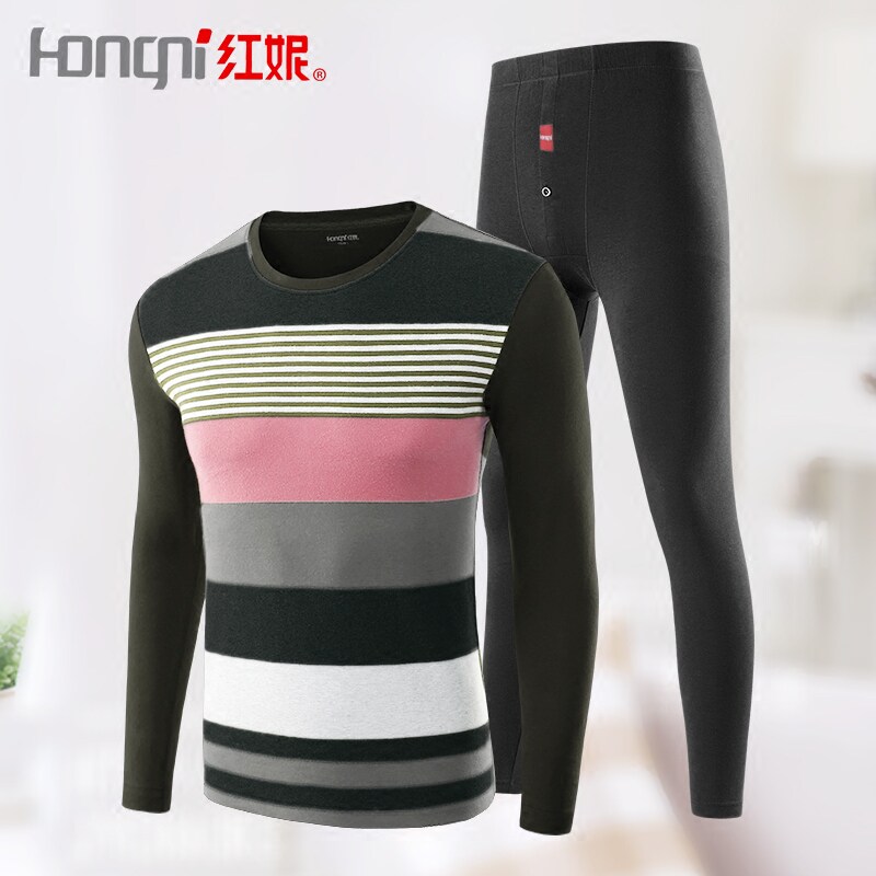 Red Nie Mid-Thick Autumn Clothes Sanitary Pants Men's Round Collar Jacquard Striped Fever Sweatpants Winter Tide Cotton Sweatshirt Full Cotton