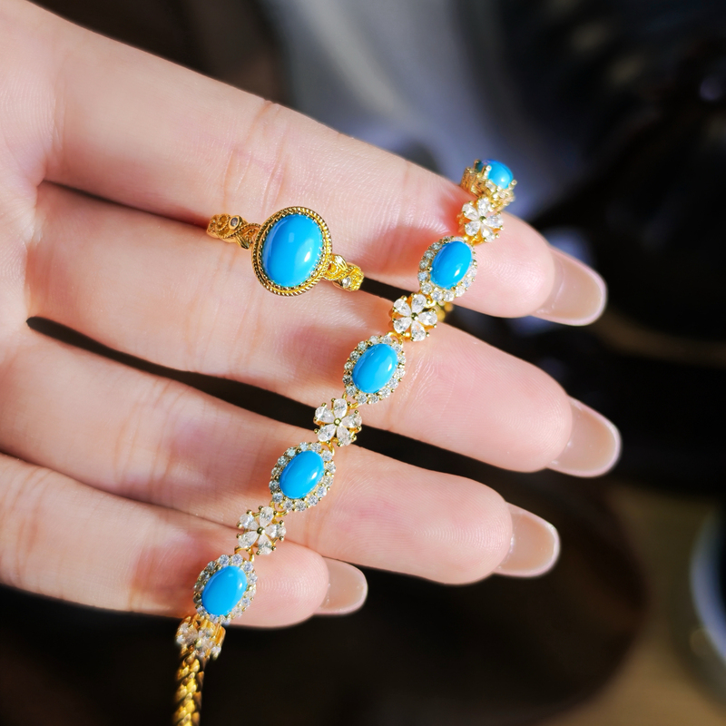[Geological University Jewelry] Natural Blue Turquoise High Porcelain Ring and Bracelet, S925 Silver Plated with 18K Gold Inlay