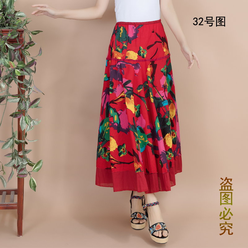 Váy cotton và vải lanh du lịch gió quốc gia in váy lớn cho nữ mùa xuân và kỳ nghỉ hè - Váy chân váy kẻ caro dài