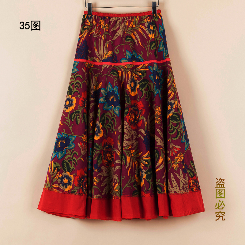 Váy cotton và vải lanh du lịch gió quốc gia in váy lớn cho nữ mùa xuân và kỳ nghỉ hè - Váy chân váy kẻ caro dài