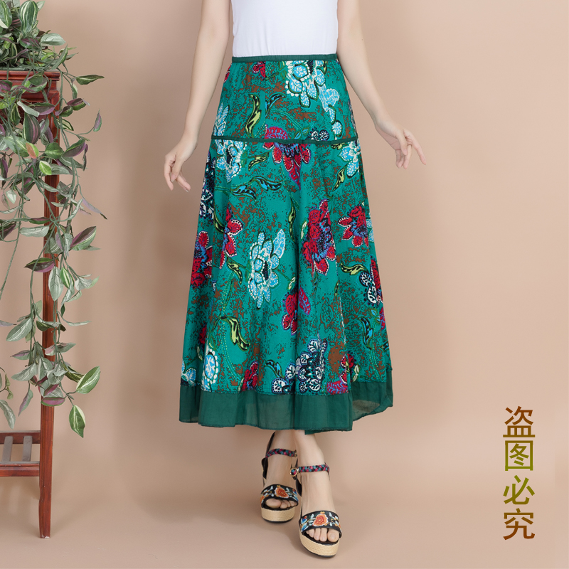 Váy cotton và vải lanh du lịch gió quốc gia in váy lớn cho nữ mùa xuân và kỳ nghỉ hè - Váy chân váy kẻ caro dài